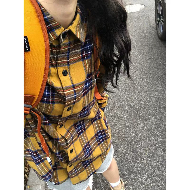港風復古黃色格子襯衫女春秋新款寬鬆休閒高級感內搭疊穿襯衣外套