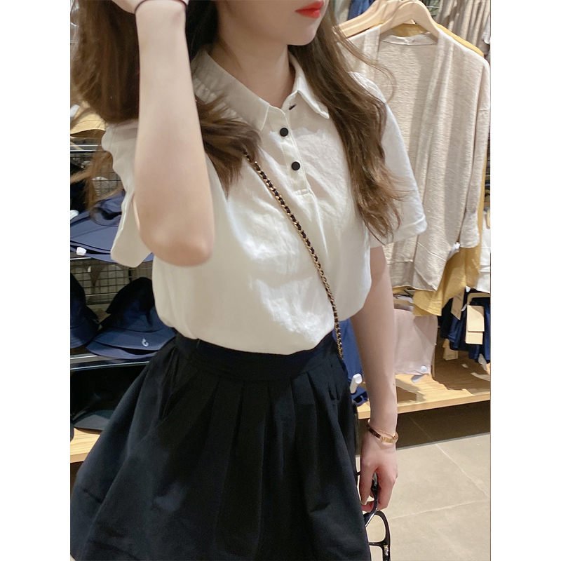 6535棉少女POLO上衣夏季顯瘦花瓣領短袖T恤女