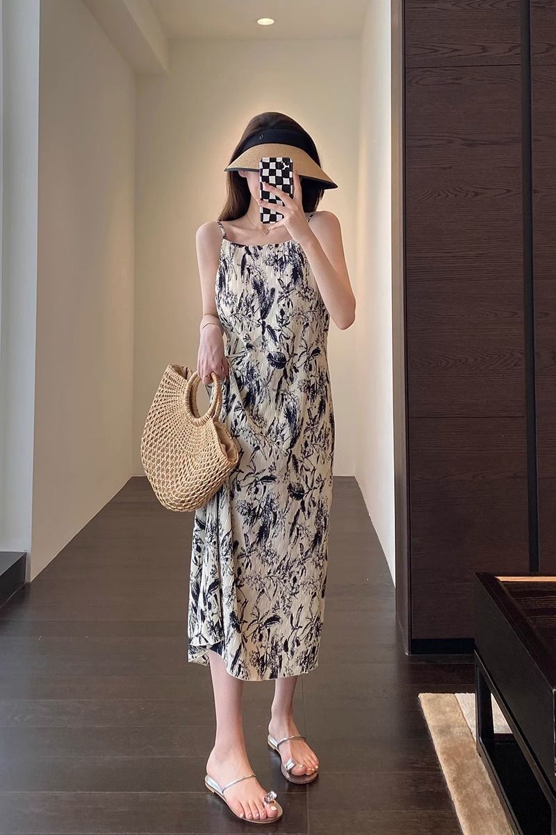 靈動飄逸 重工壓褶雙層工藝印花度假長裙吊帶裙女夏新