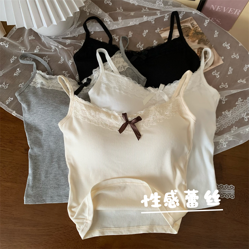 實拍性感蕾絲花邊背心帶胸墊辣妹短款bm打底吊帶上衣