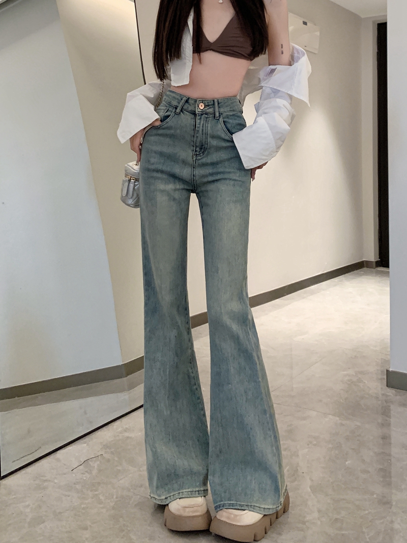 實拍#新款高腰微喇牛仔褲女設計感直筒闊腳馬蹄拖地褲子