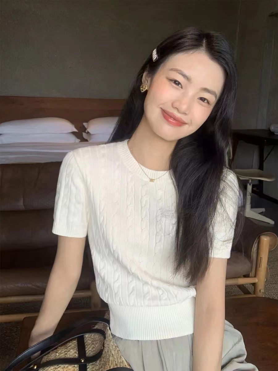 白色復古短袖針織衫女2024夏季薄款百搭t恤圓領收腰短款上衣