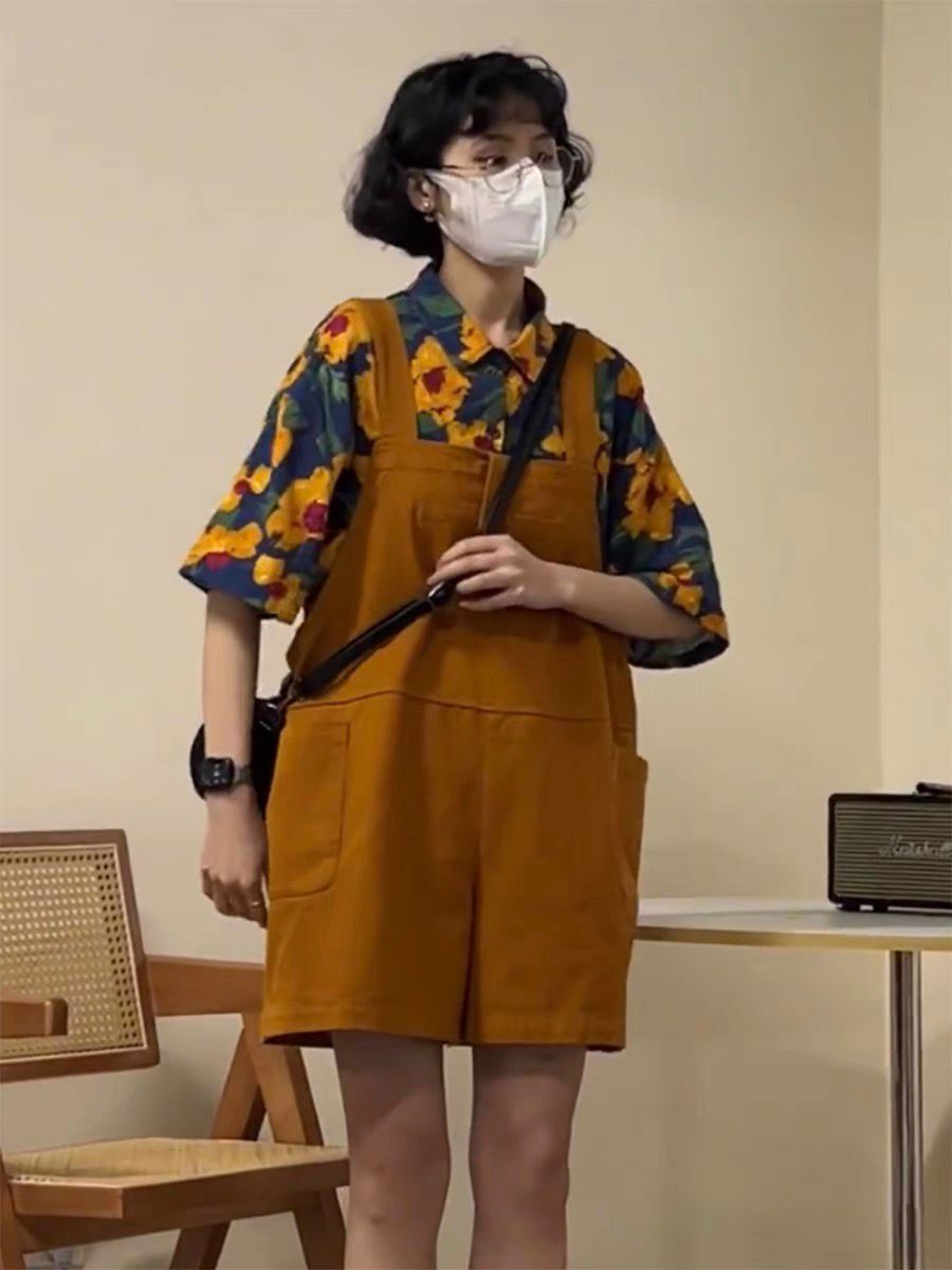 原版質量港味時尚腰部抽繩背帶短褲子兩件套襯衫