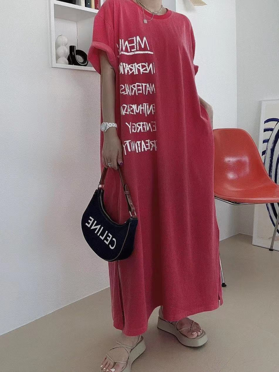 新款個性大版印花T恤連衣裙女寬鬆顯瘦MM短袖裙子