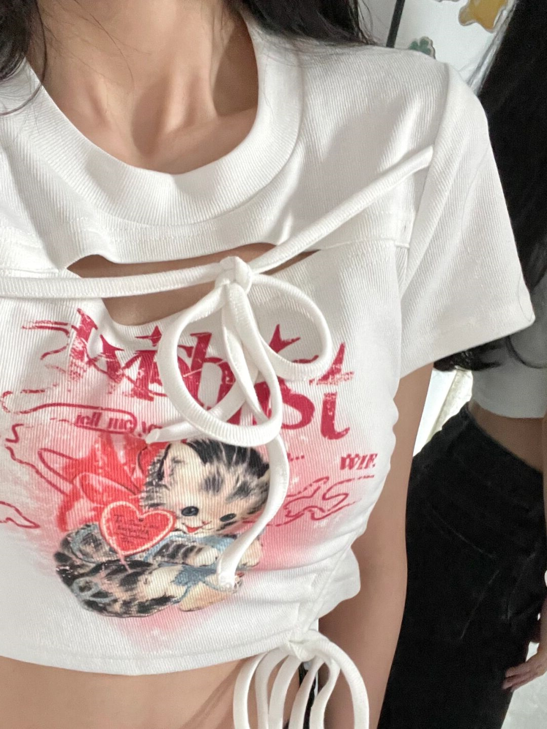 甜辣純欲風別致chic辣妹鏤空短款上衣女夏小眾修身抽繩T恤