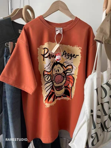 Pure cotton early spring Tigger cartoon age-reducing casual round neck all-match foreign style short-sleeved T-shirt