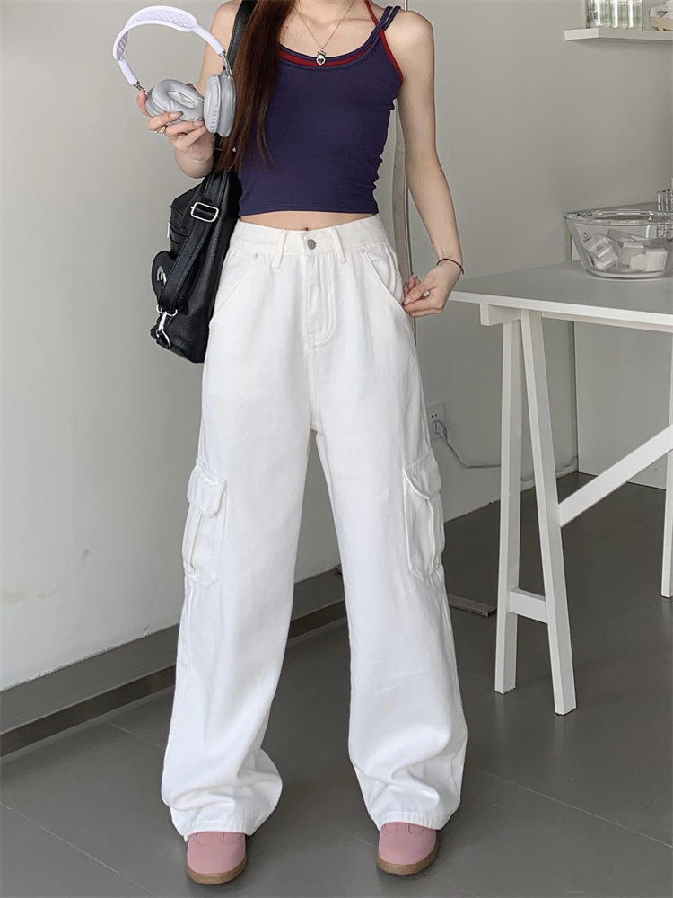 實拍 ~美式工裝牛仔褲女高腰顯瘦垂感直筒闊腿拖地長褲