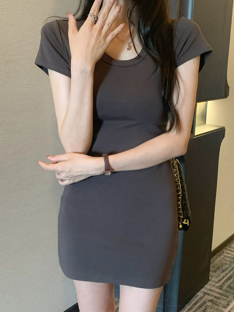 實拍 新款40支純棉 2024夏裝修身連衣裙女小黑裙