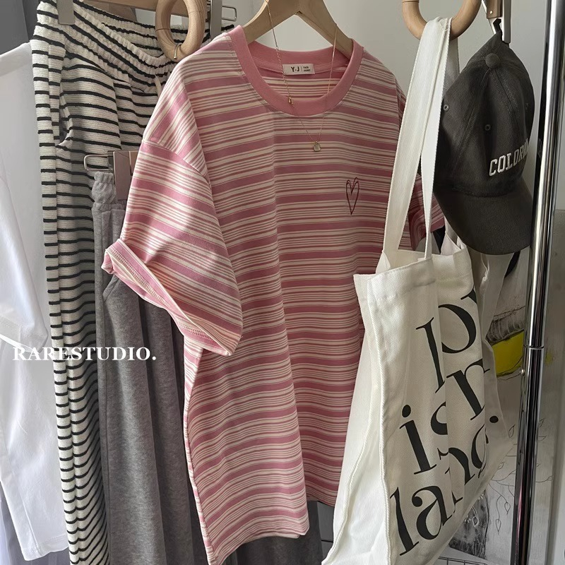 Printed 95 cotton 5 spandex 200g back collar 240kg large size love stripe right shoulder short sleeves