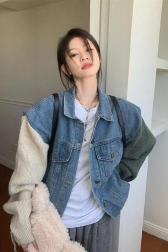 Actual shot of early spring washed heavy-duty high-end spliced ​​denim jacket top for women