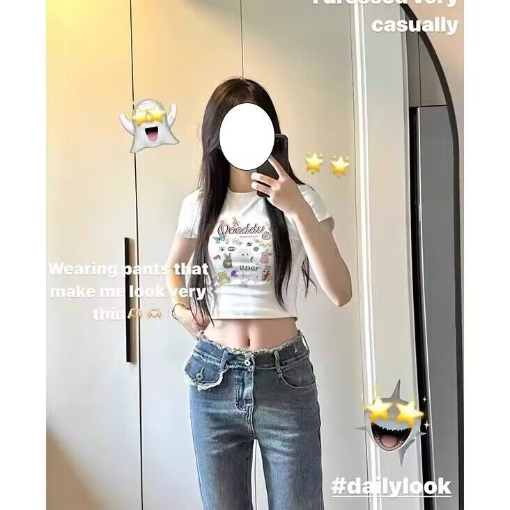 辣妹高腰短款純棉修身顯瘦園領緊身上衣