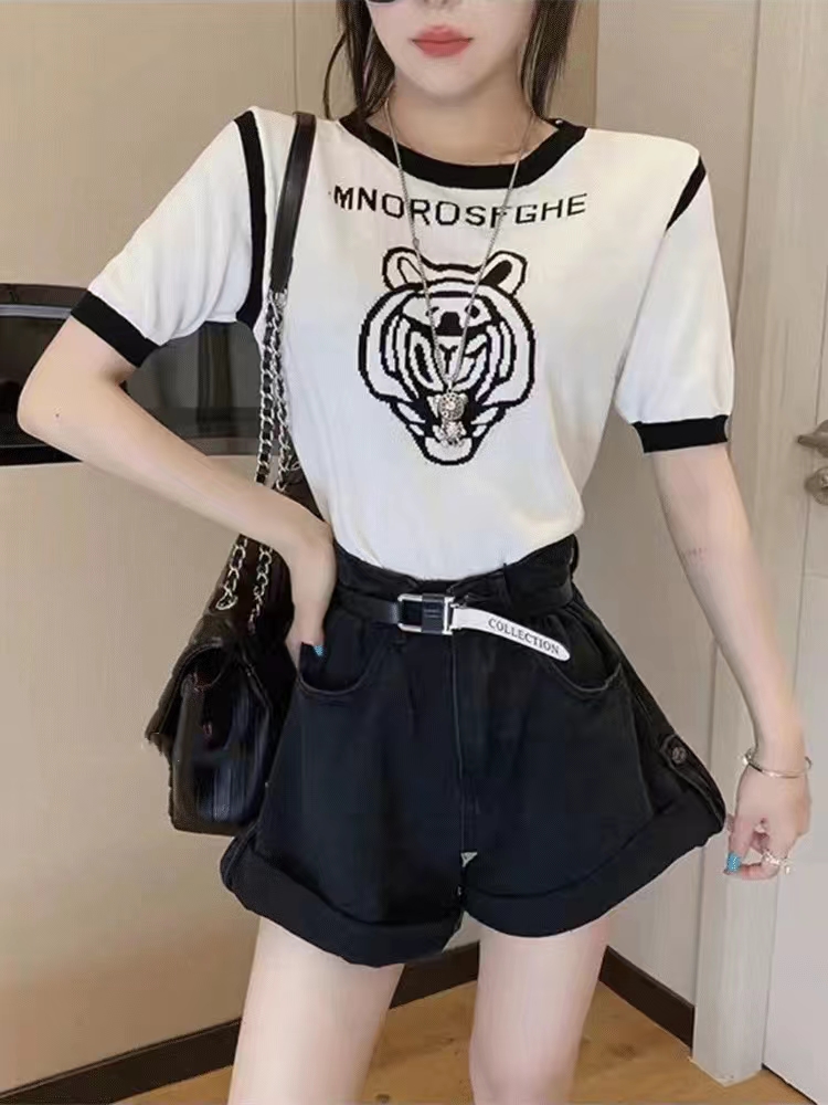 Cartoon tiger head letters sweater for women 2024 summer fashion casual popular versatile color block top trend