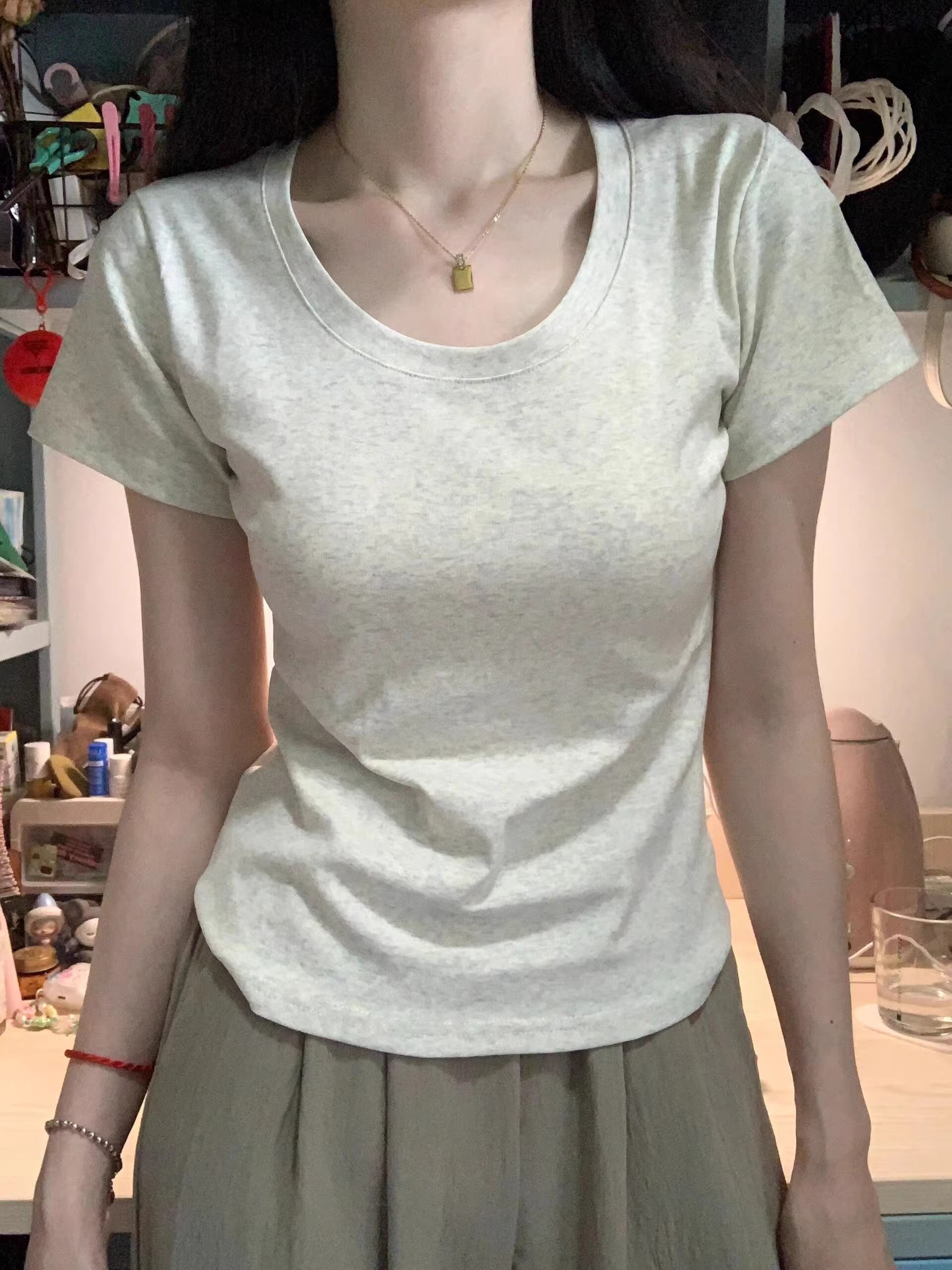 40支210克92棉8氨綸辣妹短款高腰顯瘦百搭設計感短袖