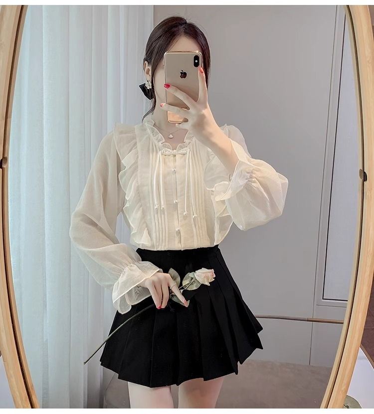 Original fabric French ruffled lace shirt for women spring and autumn new design chic small shirt western style top