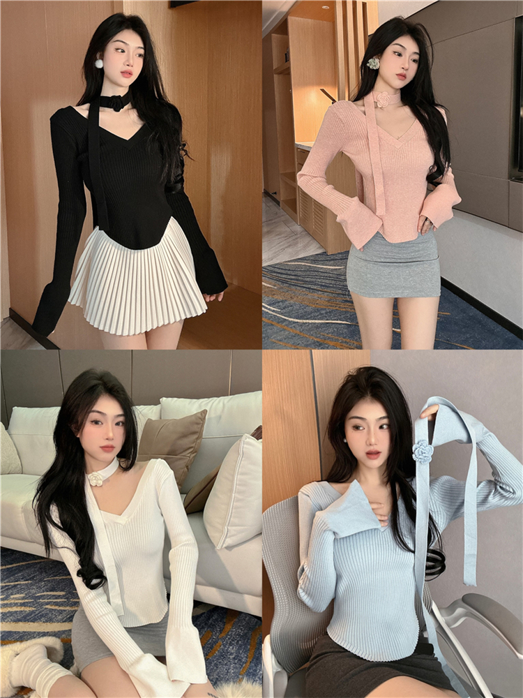 Real shot of pure desire flower scarf V-neck slim sweater bottoming long-sleeved sweater bottoming shirt