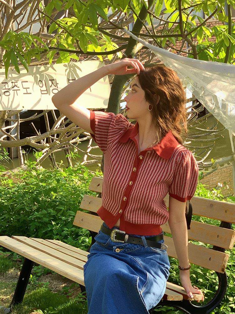 JC Vintage Store Tuscany Sunshine polo collar short-sleeved sweater women's summer short lapel red top
