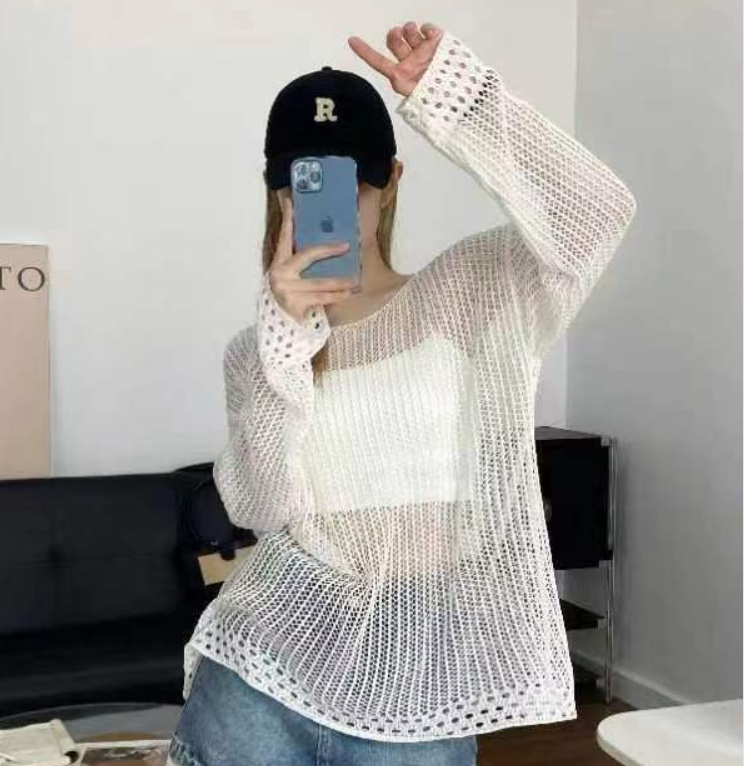 Summer new plus size women's clothing, beautiful, lazy, artistic hollow, loose long-sleeved sun protection top, high-end knitted sweater