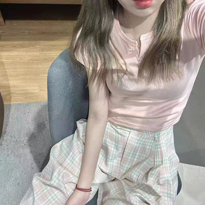 粉色短袖t恤女夏季薄款修身辣妹設計感小眾短款體恤甜辣正肩上衣