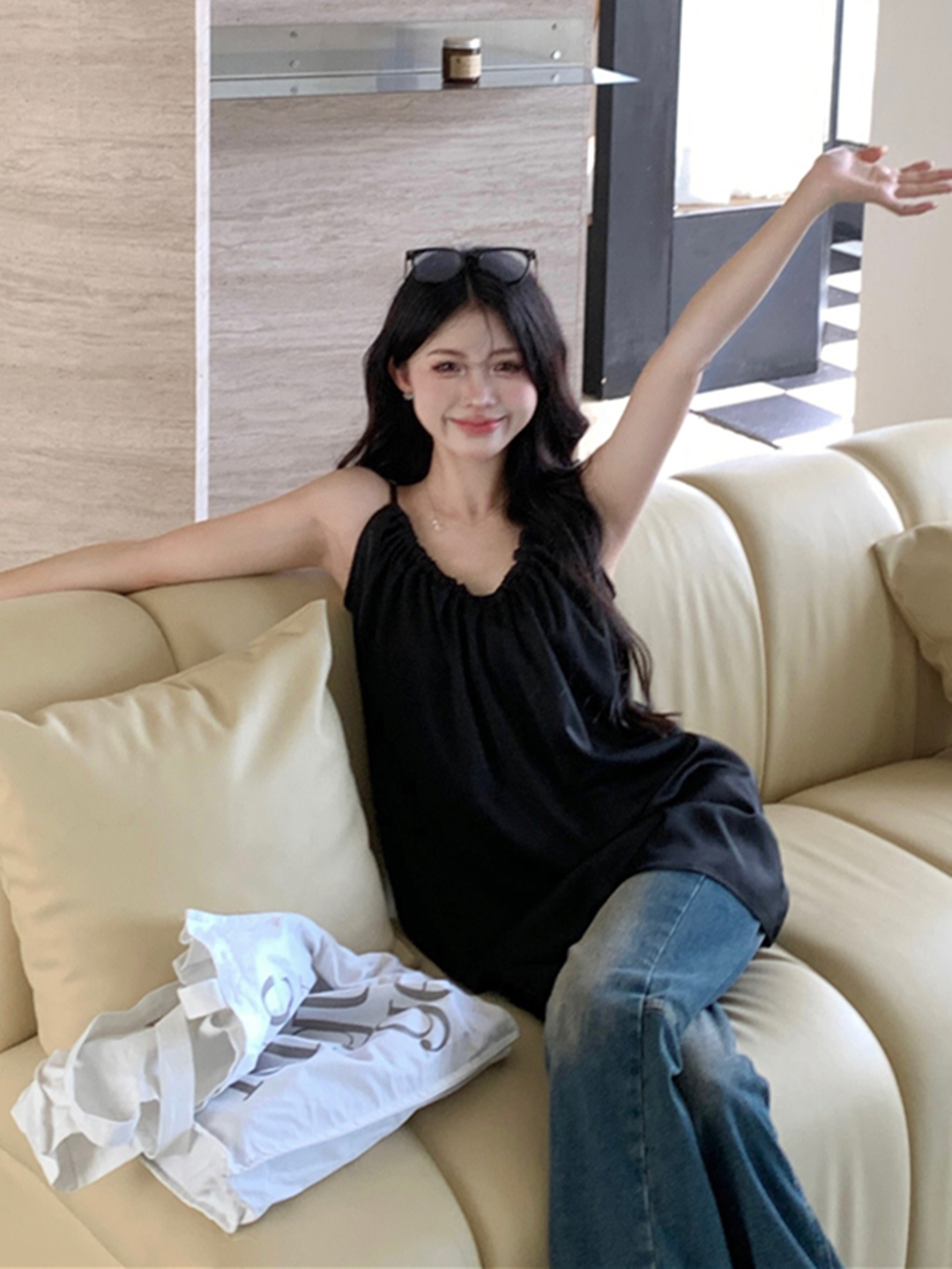 實拍 新款法式高級感醋酸緞面長款疊穿掛脖吊帶上衣