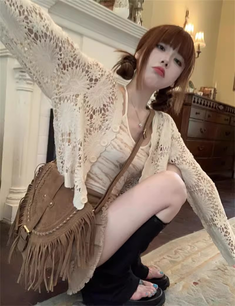 Niche design hollow knitted sweater cardigan jacket for women summer hottie suspender wear blouse sun protection top