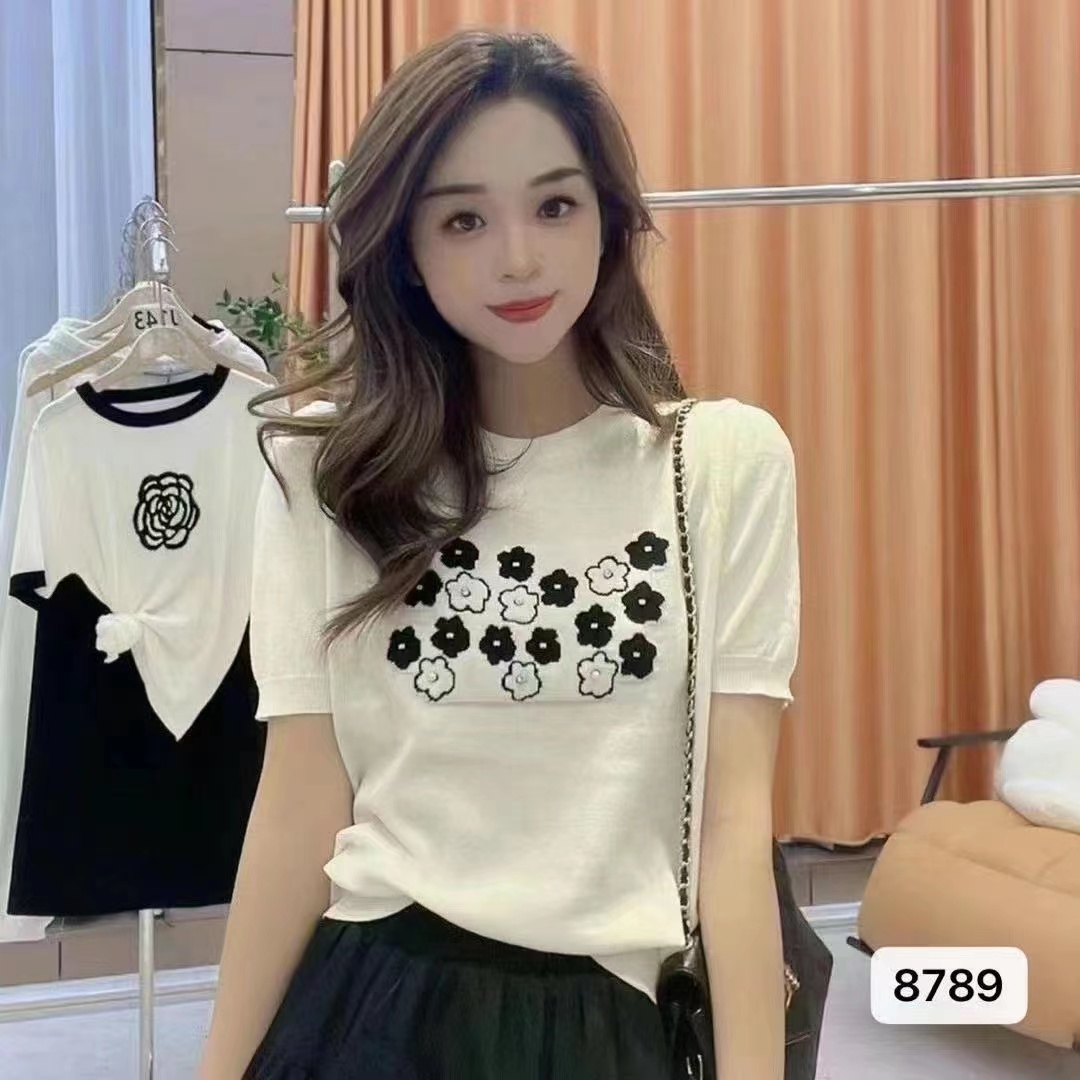 2024 summer new Korean style small fresh round neck small flower beading versatile short sleeves