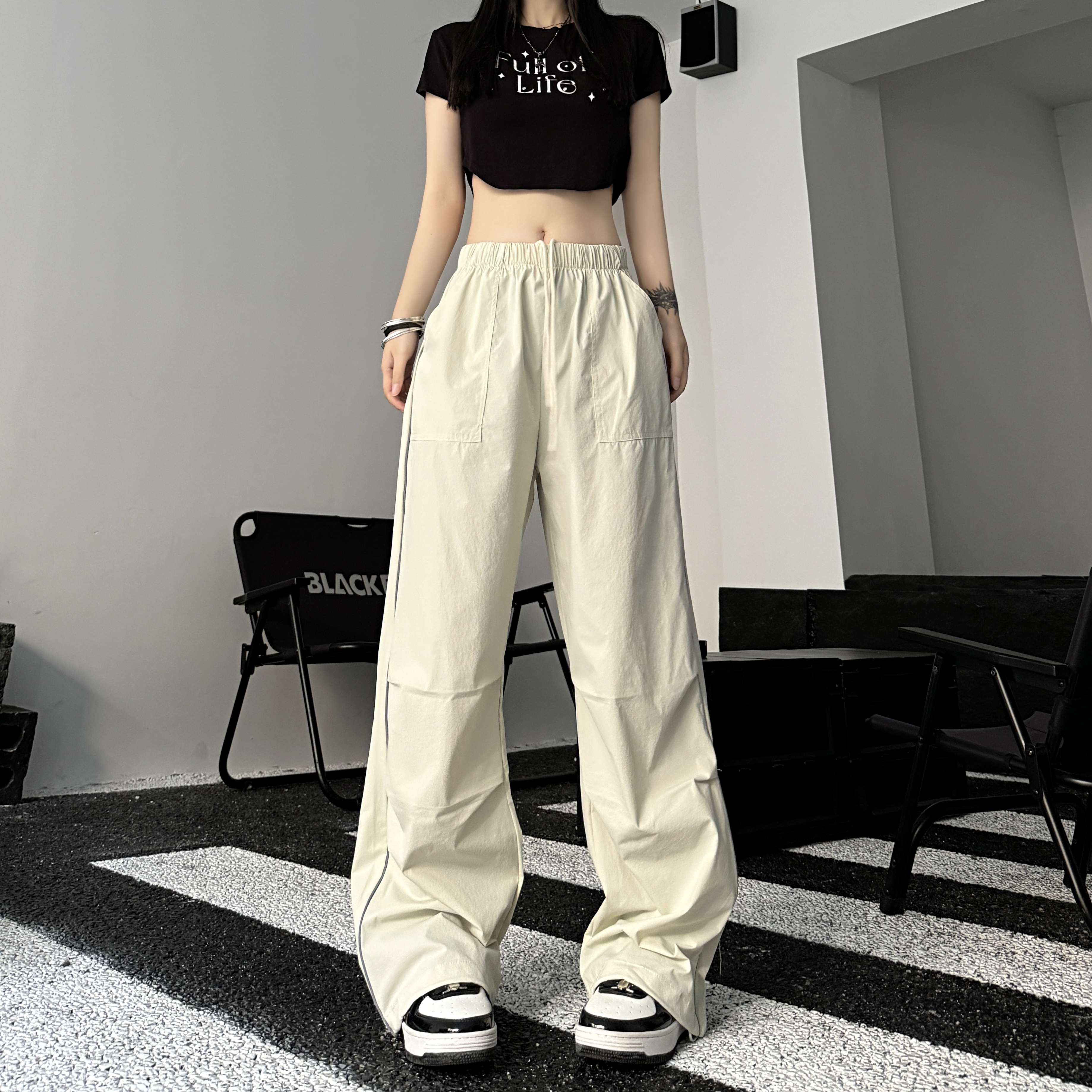 實拍#休閒褲女春夏美式復古多口袋反光條設計寬鬆抽繩運動褲潮