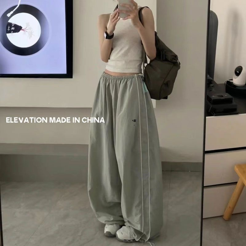 ins風夏季薄款美式復古拼接撞色闊腿寬鬆拖地休閒運動長褲女潮流