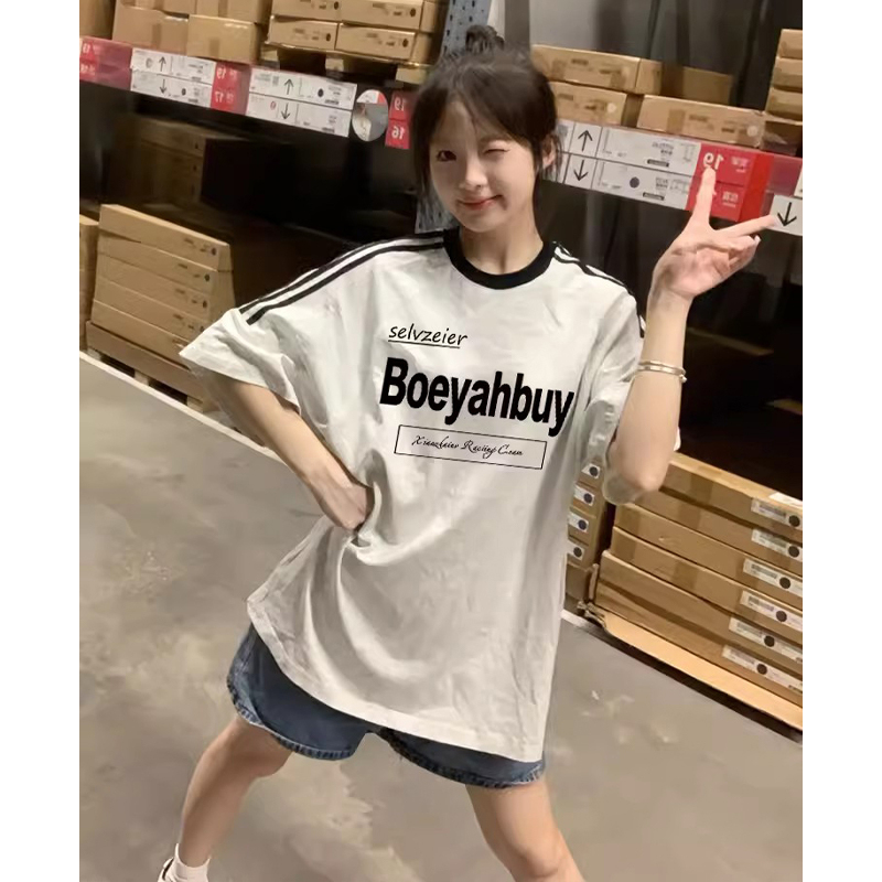 美式復古三條槓短袖t恤女夏季2024年新款小個子純棉半袖圓領上衣