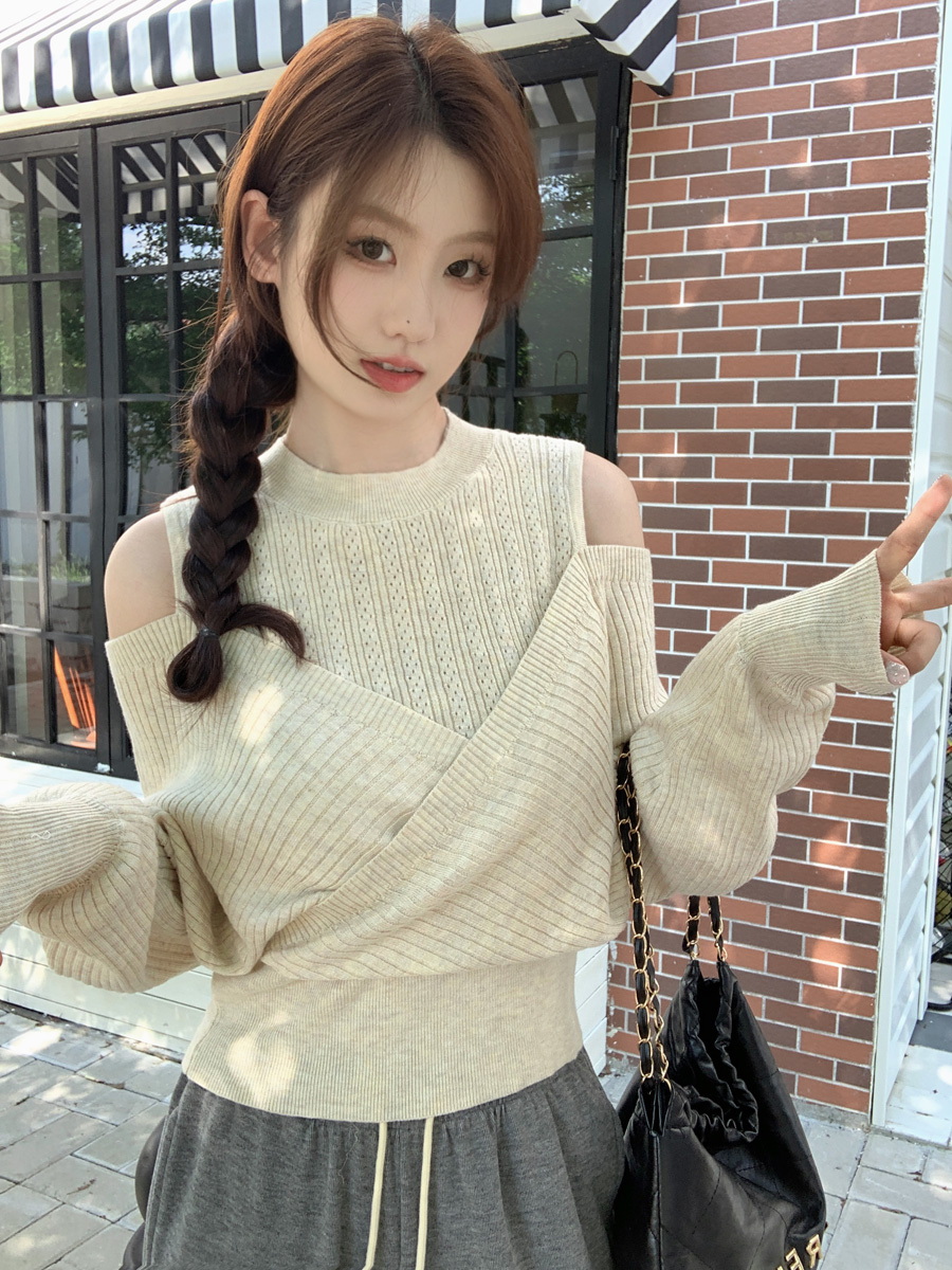 實拍~春季新款杏色露肩針織衫女不規則套頭設計感氣質毛衣