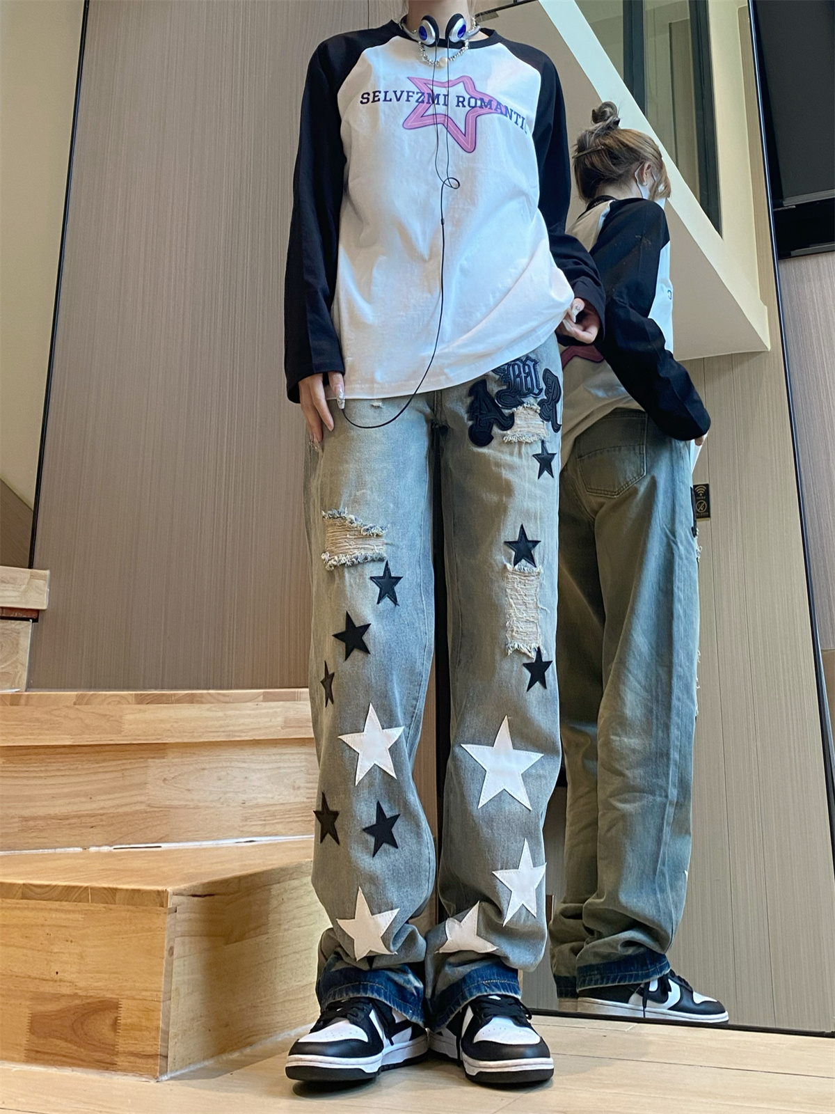 實拍~刺繡PU皮五角星牛仔美式街頭修身小直筒破洞高街長褲