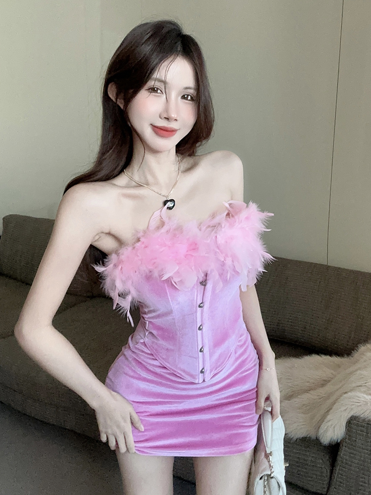 實拍 塑腰修身抹胸短裙連衣裙