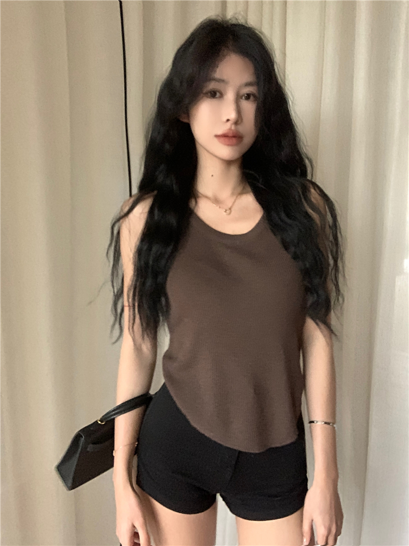 實拍  韓版極簡風純色u領針織衫力收腰外穿短款背心上衣