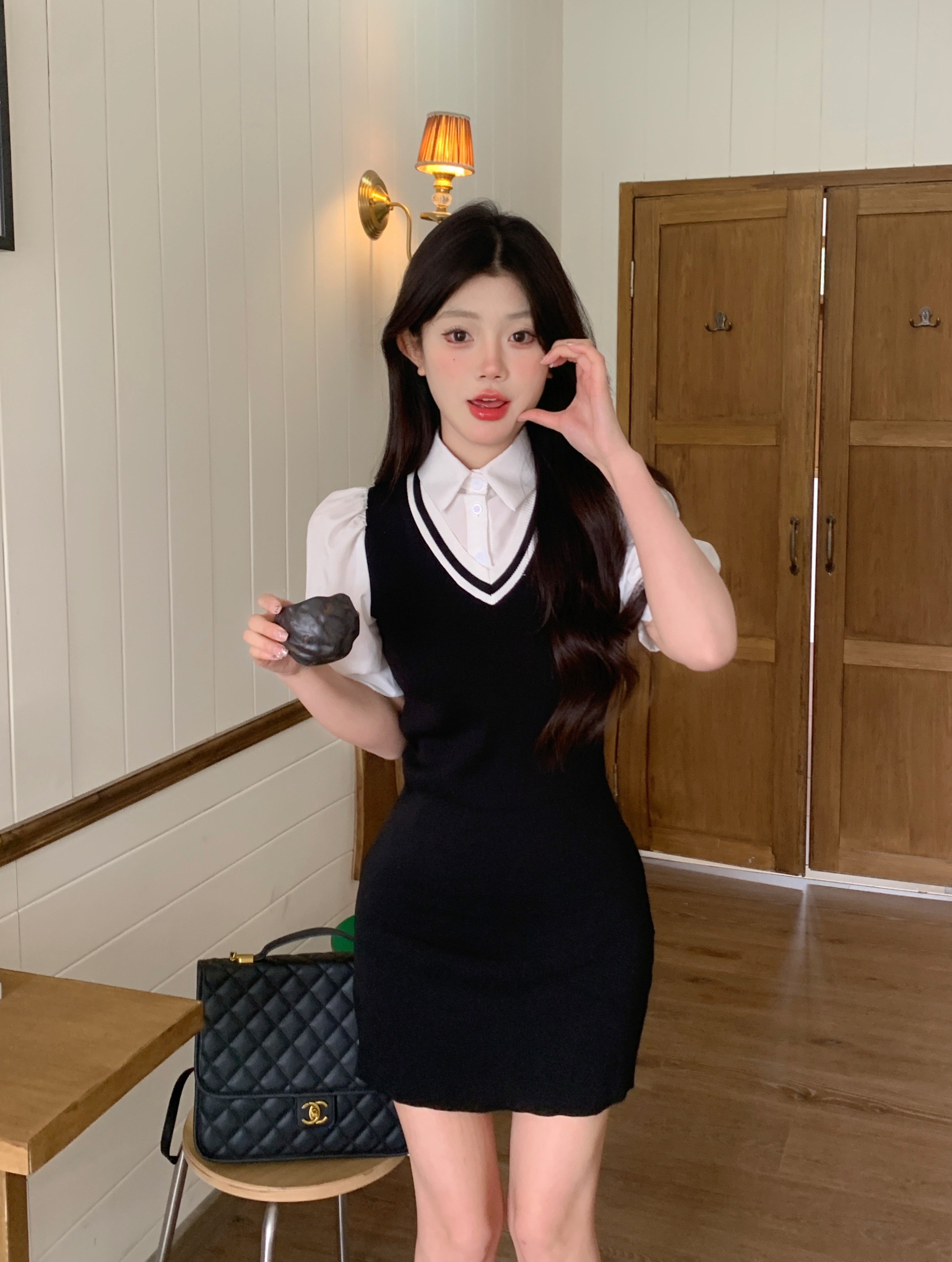 實拍鬼馬學院風撞色假兩件襯衫式連衣裙女收腰修身包臀短裙子
