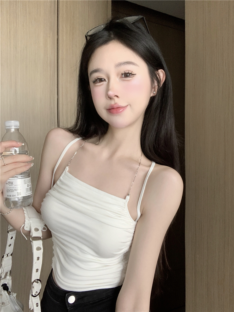 實拍~白色短款褶皺露肩露臍掛脖抹胸吊帶背心女上衣