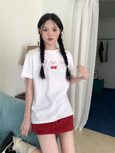 Real shot versatile cherry bow casual short-sleeved T-shirt