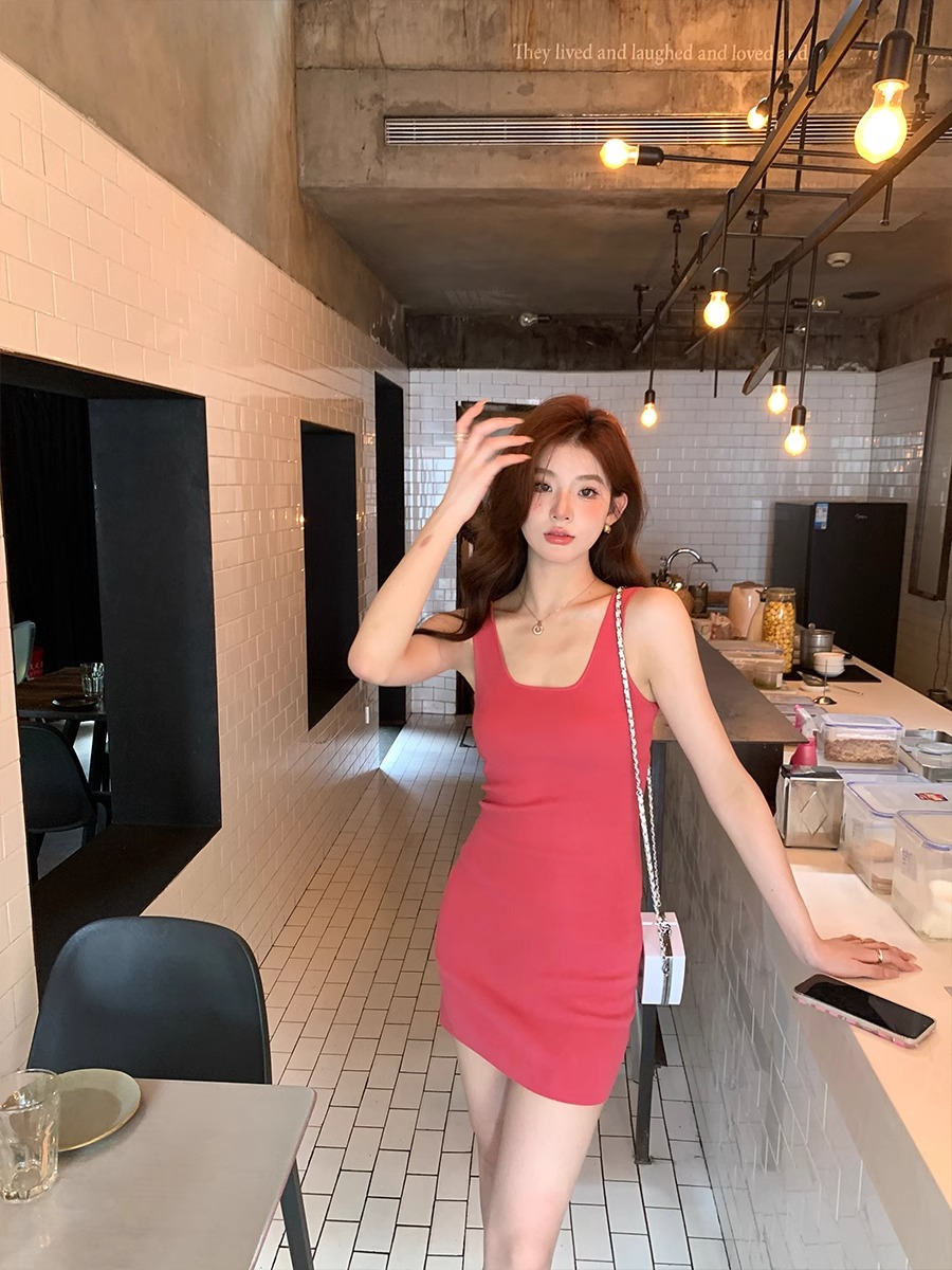 alex stevens方領針織吊帶連衣裙女夏季背心短裙修身打底包臀裙子