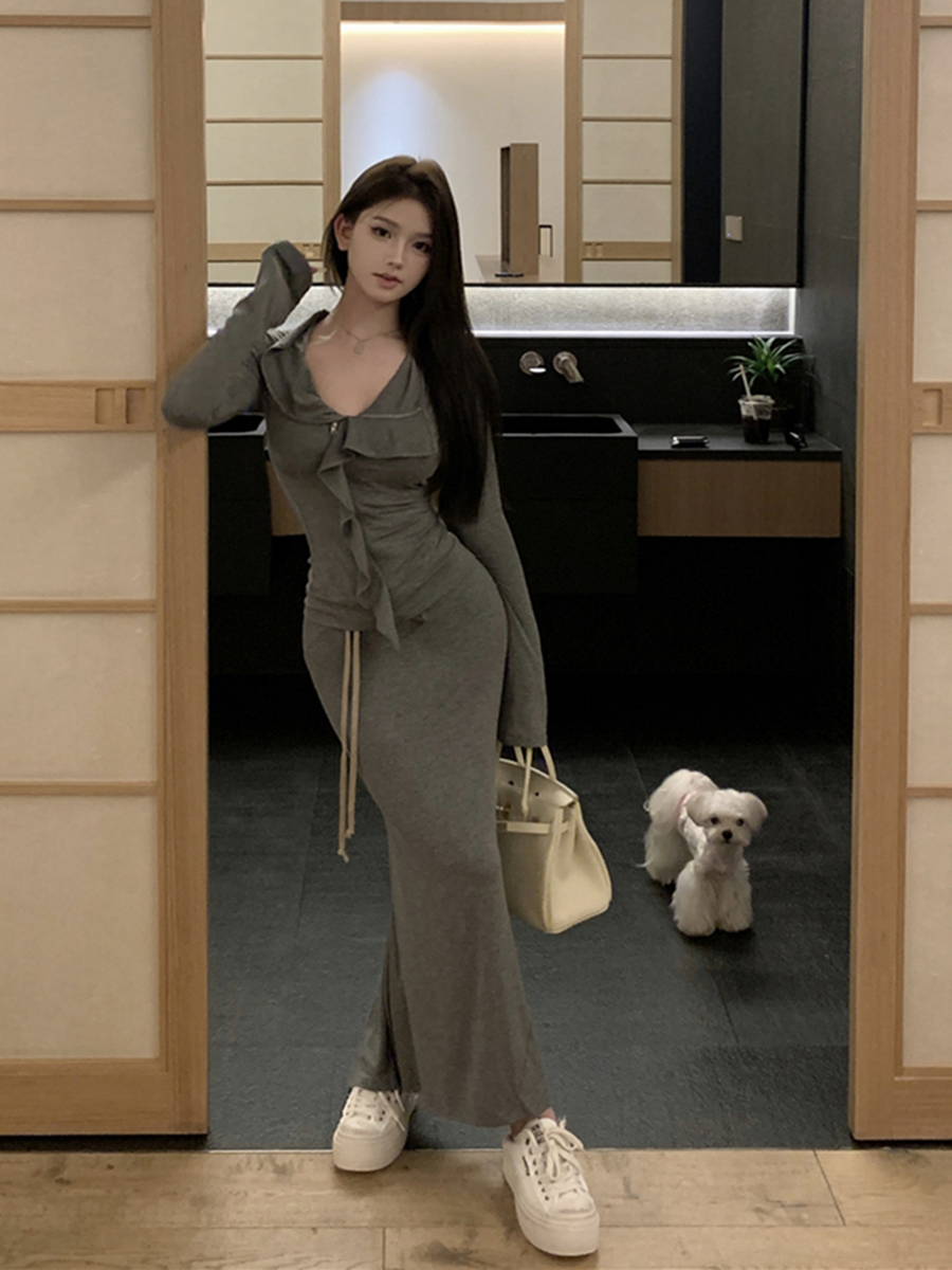 實拍復古性感荷葉邊修身上衣襯衫+包臀長裙兩件套女