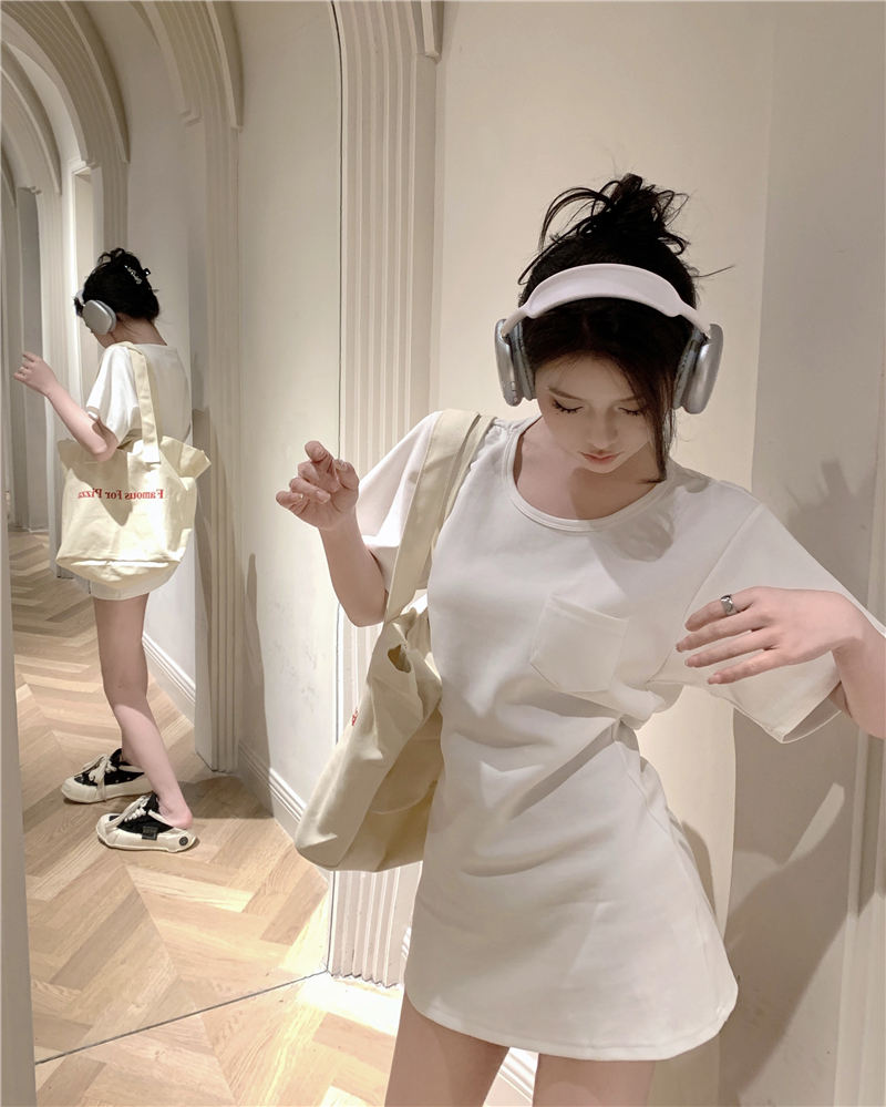 實拍~鬆弛紙片人慵懶收腰口袋t恤裙女休閒短袖連衣裙