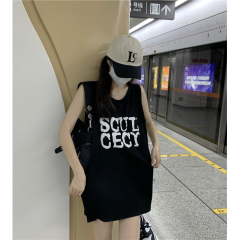 Women's Summer Outerwear V-Neck T-Shirt, Loose BF Style, Hip-Hop, Cotton, Sleeveless, Sporty Top, Basketball Style