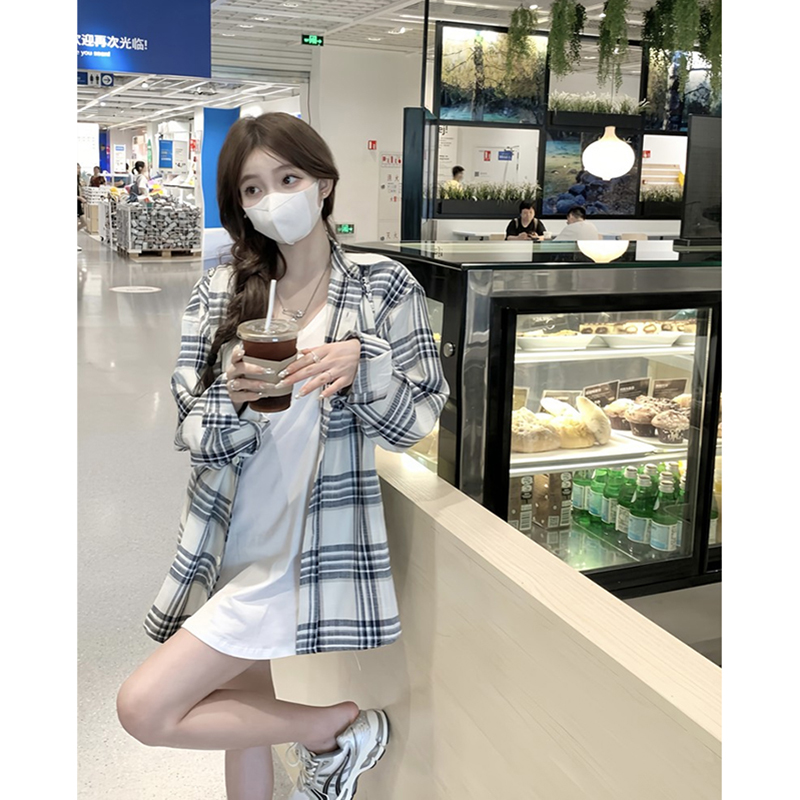 韓版chic長袖格子襯衫外套女春季薄款防曬襯衣設計感小眾上衣