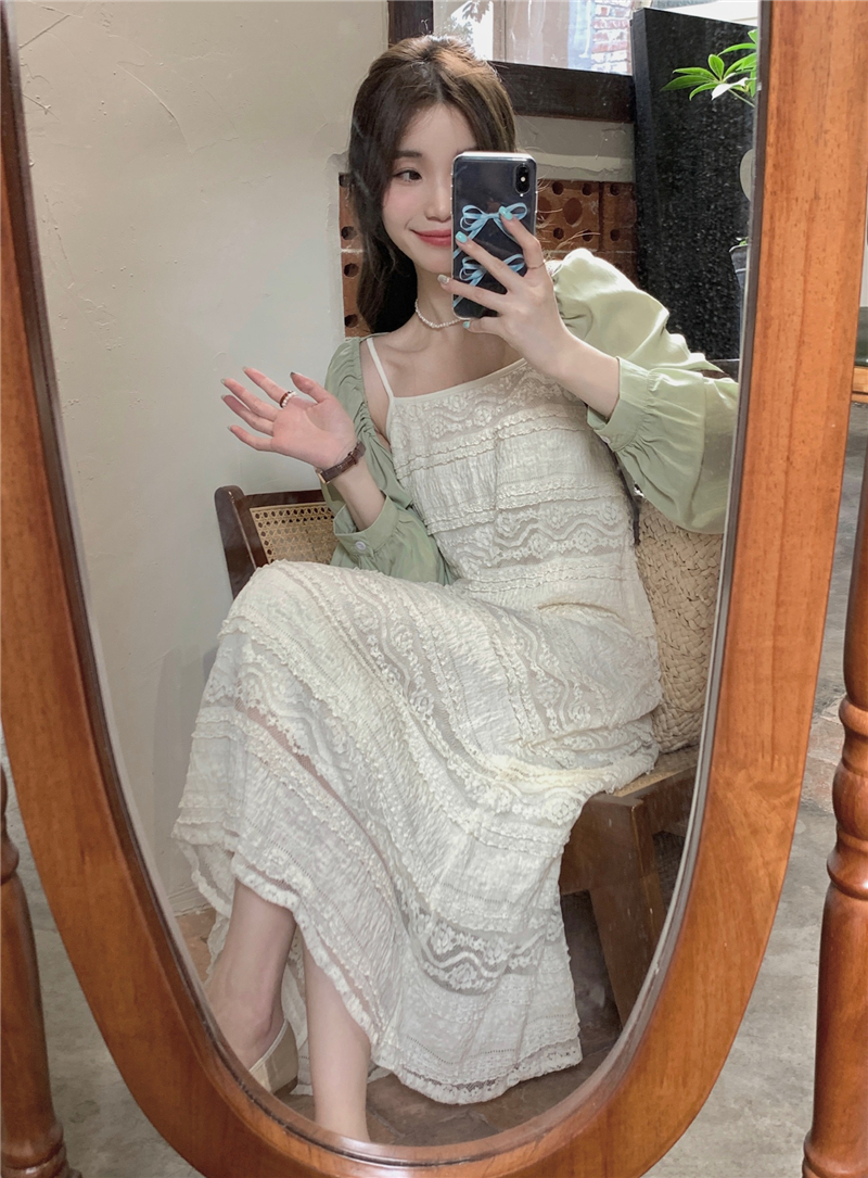 實拍！度假風甜美蕾絲吊帶長裙子套裝女短款坎肩防曬衣兩件套