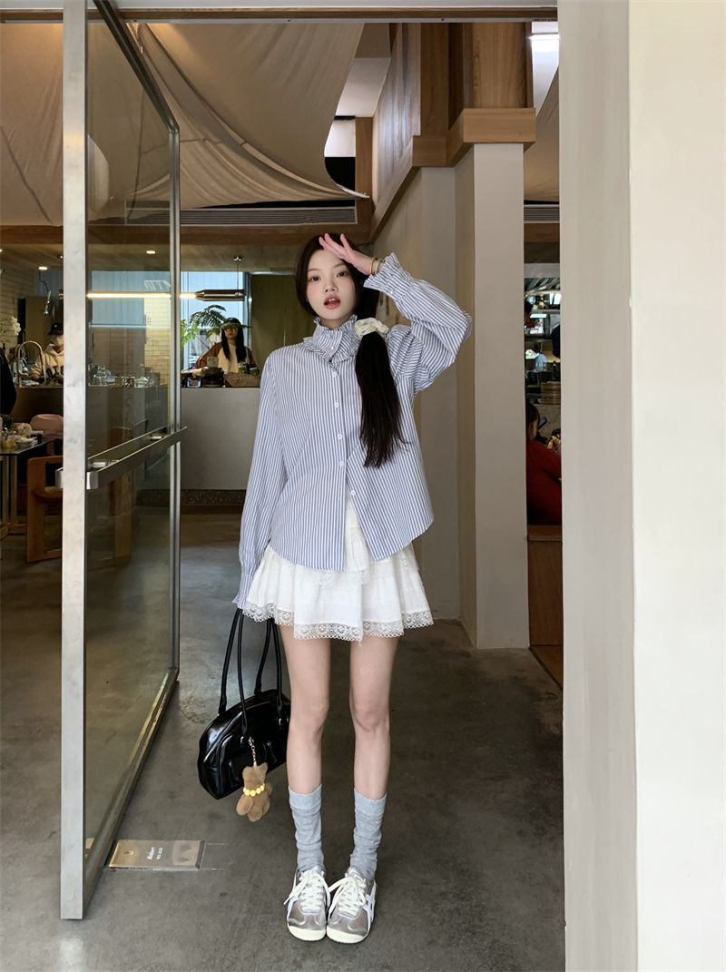 Actual shot ~ 2024 Korean style versatile striped fungus sweet age-reducing long-sleeved shirt top