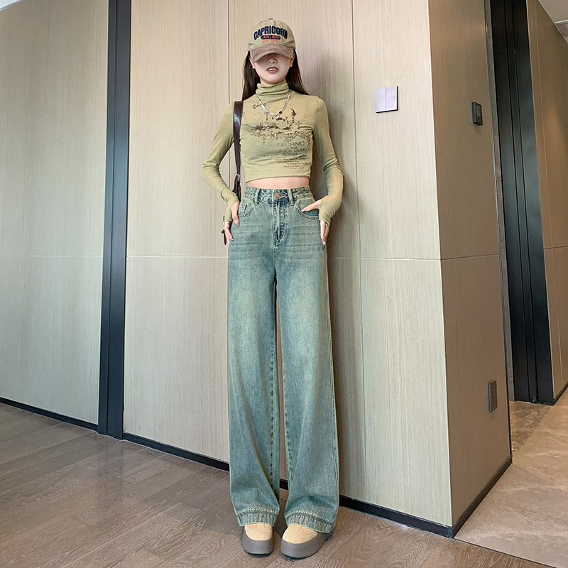 實拍 闊腿褲高街辣妹超柔紗軟牛仔垂感拖地褲高腰顯瘦牛仔褲女