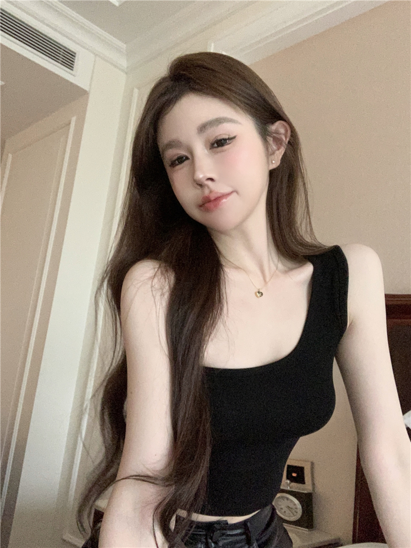 實拍~親膚兩色百搭純欲短款斜肩彈力針織背心上衣