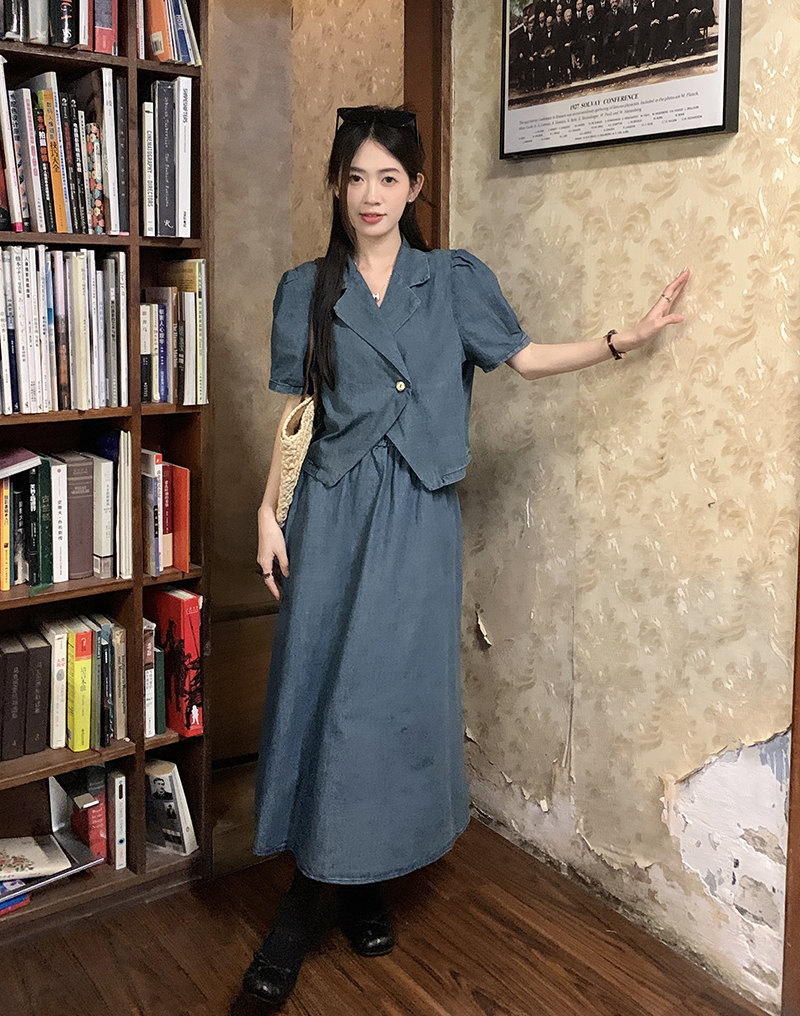 實拍 復古套裝女夏季新款翻領牛仔上衣高腰半身裙兩件套