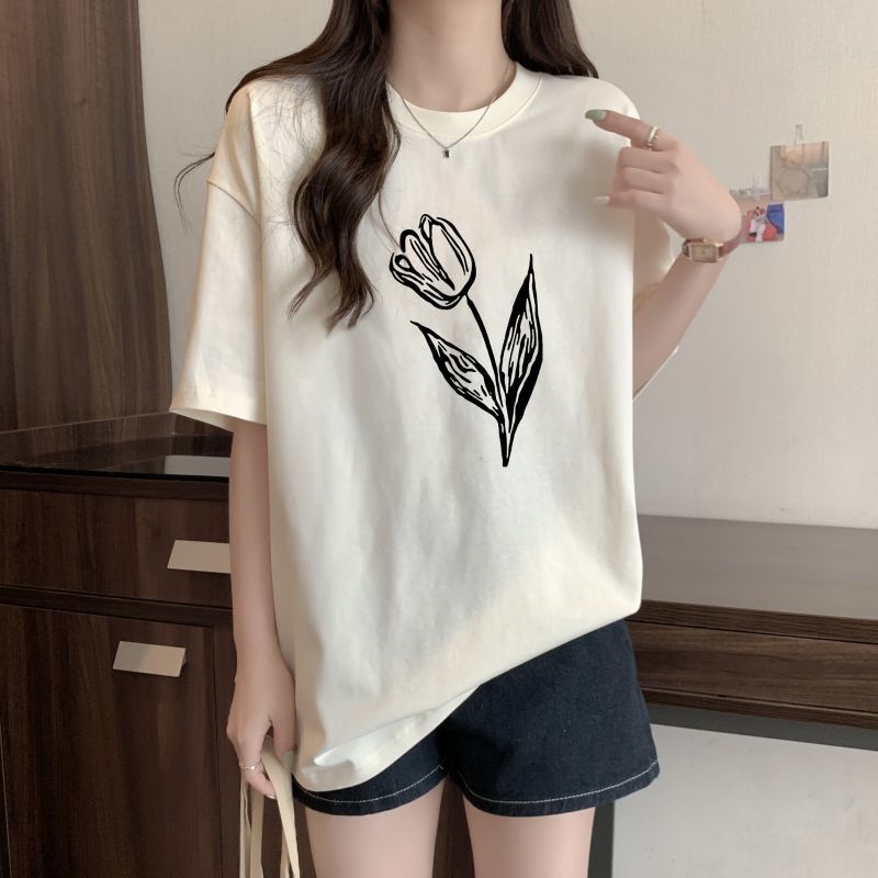 實拍 100%棉精梳純棉 印花夏裝短袖T恤女寬鬆韓版