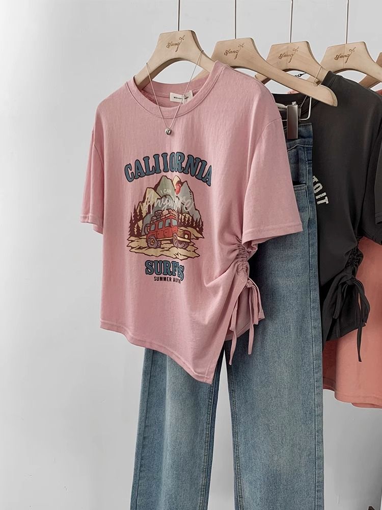 Printed 21 count super cool cotton 200g back collar 240kg extra large size American drawstring T-shirt for women