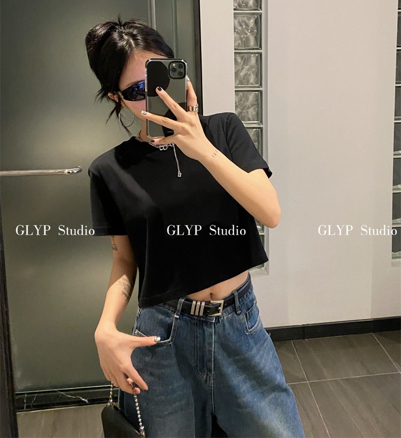 實拍2024春夏希音亞馬遜韓國東大門GLYP百搭短款露臍純色棉T恤女