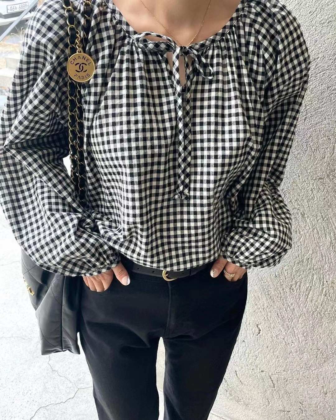 原版！韓國chic春秋款簡約百搭寬鬆格子襯衫女上衣長袖襯衣女襯衫