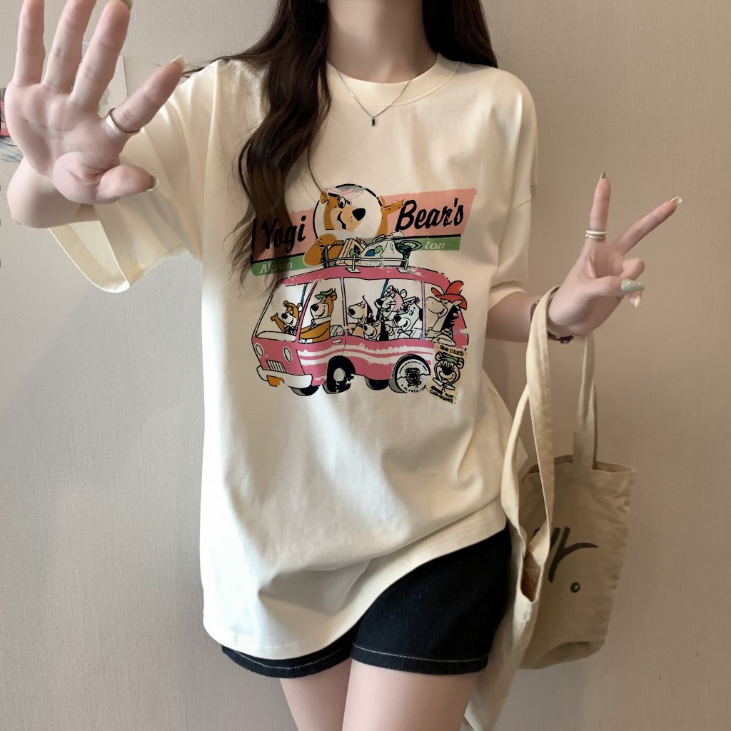 實拍 100%棉精梳純棉 印花夏裝短袖T恤女寬鬆韓版